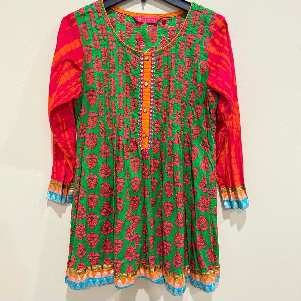 Haute Curry Green Pink Cotton Floral Print Peasant Top Tunic Hippie Gyspy Sz XL